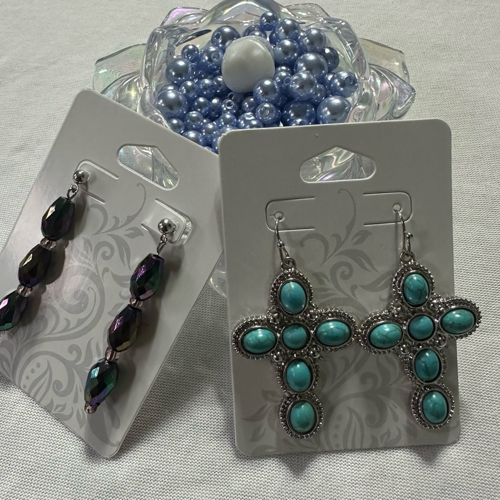 Turquoise Cross and Purple Bead Earrings Set